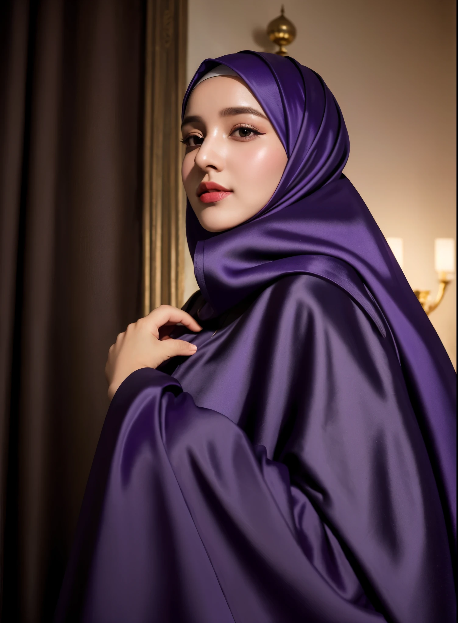 RAW photo of a 24 year old girl wearing hijab, satin abaya sexy purple, satin, hijab face portrait,Katedral Canterbury background, 8k uhd, dslr, soft lighting, high quality, film grain, Fujifilm XT3, covered dress, patterned dress, gigantic breasts:1.5