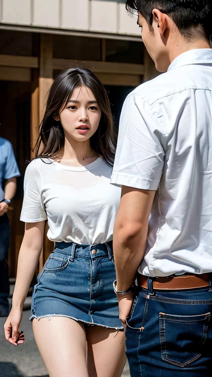 (high quality), (realistic pictures)、1 male、1 female、No spectators、((A young Japanese couple faces each other and fights:1.4))、((Angry Japanese woman and a Japanese man trying to talk to her:1.4)) 、((white short sleevesＴWoman in a shirt:1.4))、((WhiteＴMen in shirts:1.4))、on the road、daytime、((A woman glares at a man:1.7))、((A woman wearing a denim skirt that accentuates her thighs:1.4))、((white short sleevesＴWoman in a shirt:1.4))、