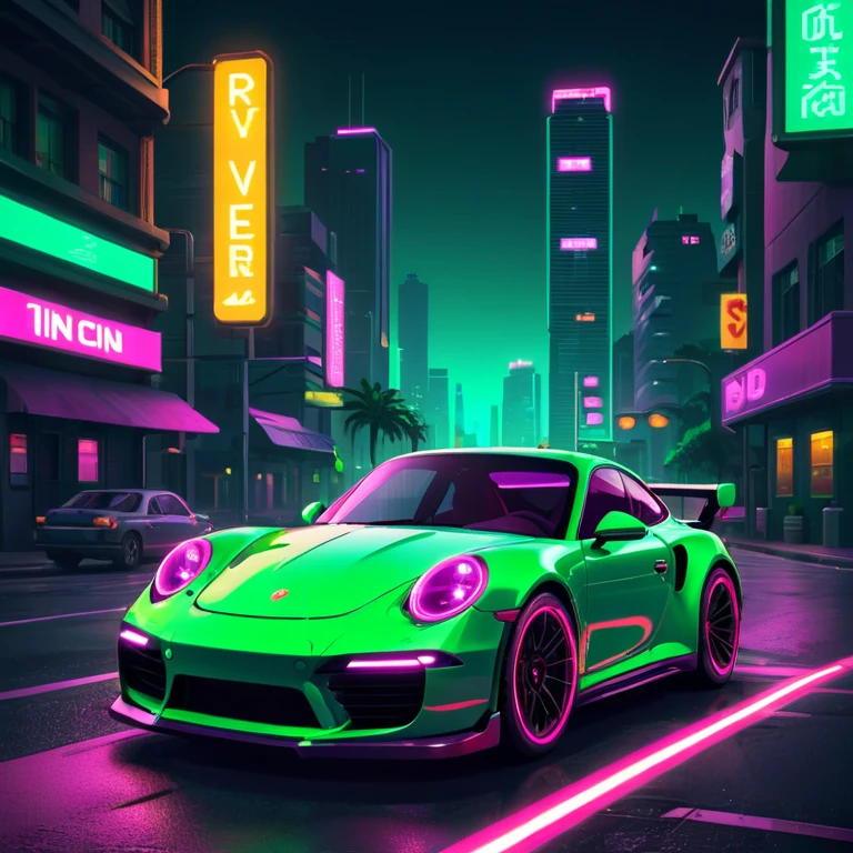 (Retro game dev:1.3), (synthwave (raster) (neon city)):1.3), (Pixel art:1.5), green porche 9-11 at traffic lights about to start racing、