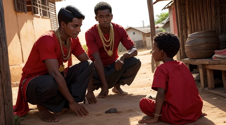 A boy in Indian clothes, roupas cor vermelha, cor de Pele preta, ****** negro, mele is talking to his parents, he is in the village, roupa africano vermelha, ****** africano