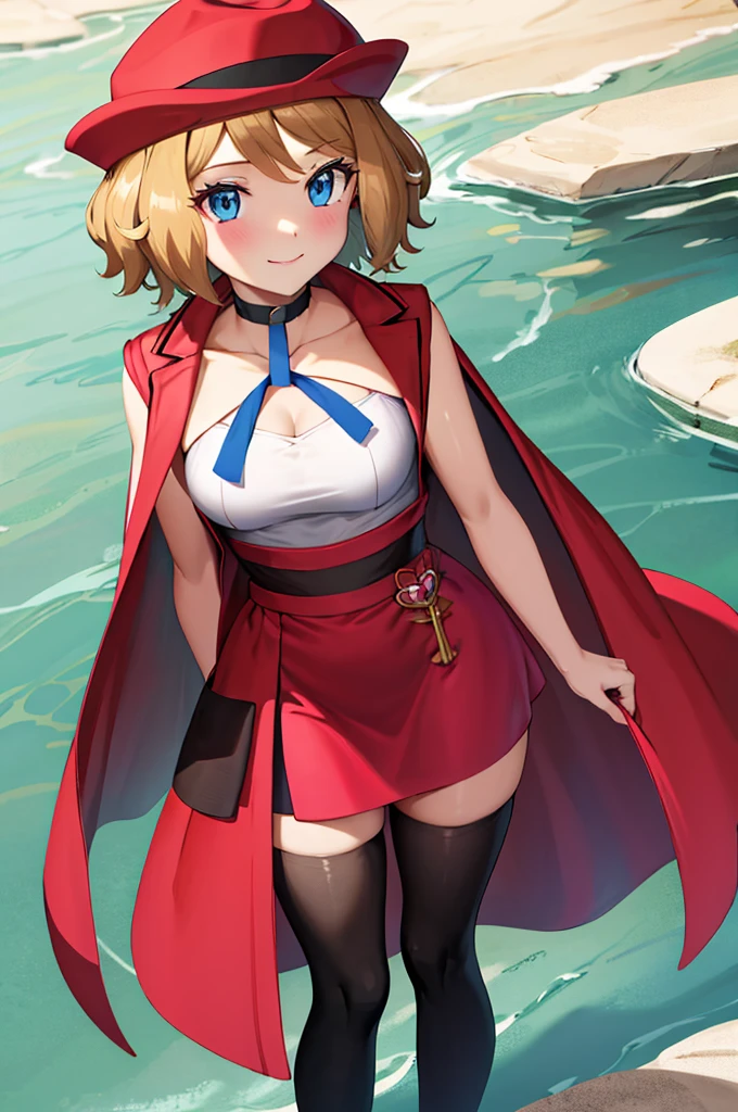 masterpiece, best quality, highres, serena \(pokemon\), short hair, blue eyes, 1girl, solo, blue ribbon, eyelashes, black thighs, neck ribbon, sleeveless, bangs, collarbone, bare arms, pink dress, red coat, pink hat, outdoor, standing by a lake, blushing, smile, long stockings, black stockings, mid-thigh stockings, medium-sized female breasts,  Neckline, detailed background, background of great details.