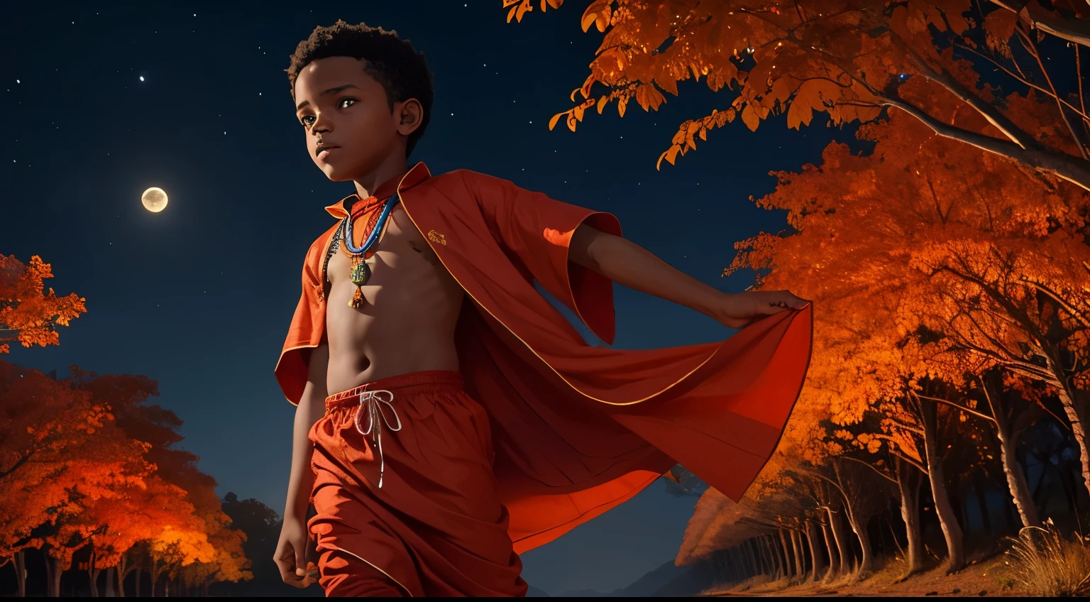 A boy in Indian clothes, roupas cor vermelha, cor de Pele preta, menino negro, indigenous boy, pulando arbustos  no meio da floresta, a noite, ele esta correndo na mata, roupa africano vermelha, menino africano, esta de noite, moon in the sky 