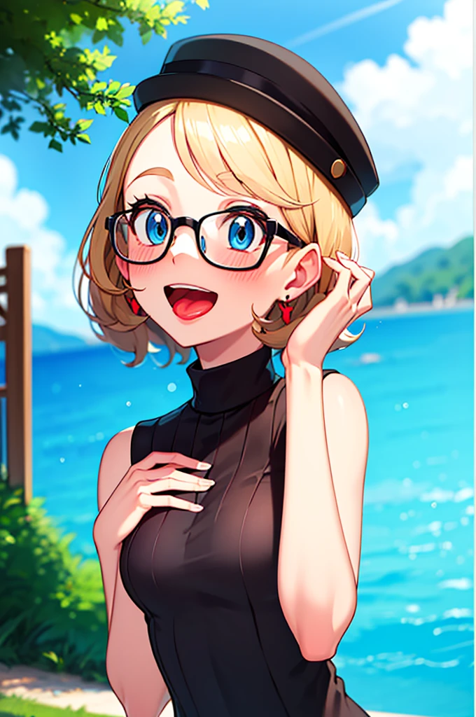 masterpiece, best quality, highres, 1girl, solo, blush, smile, short hair, open mouth, bangs, blue eyes, blonde hair, hat, jewelry, upper body, :d, earrings, outdoors, sky, sleeveless, day, tongue, shiny, cloud, hand up, water, blurry, vest, bare arms, eyelashes, turtleneck, border, happy, grass, sweater vest, sleeveless turtleneck, grey headwear, glasses