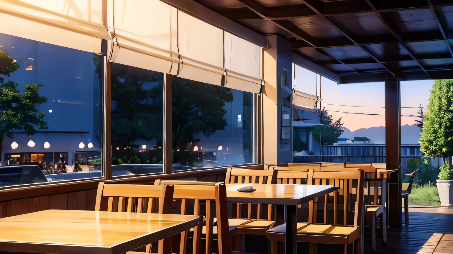 Describe a peaceful scene in a cafe at sunset. inclua uma pessoa sentada com seu notbook em uma mesa. Inclua detalhes como a luz suave do entardecer entrando pelas janelas, pessoas sentadas, drinking coffee or tea, lendo ou trabalhando em laptops, and lo-fi music filling the atmosphere. Capture the relaxing and cozy atmosphere of the cafe as the evening approaches. (melhor qualidade), 8k resolution), (ultra highres).