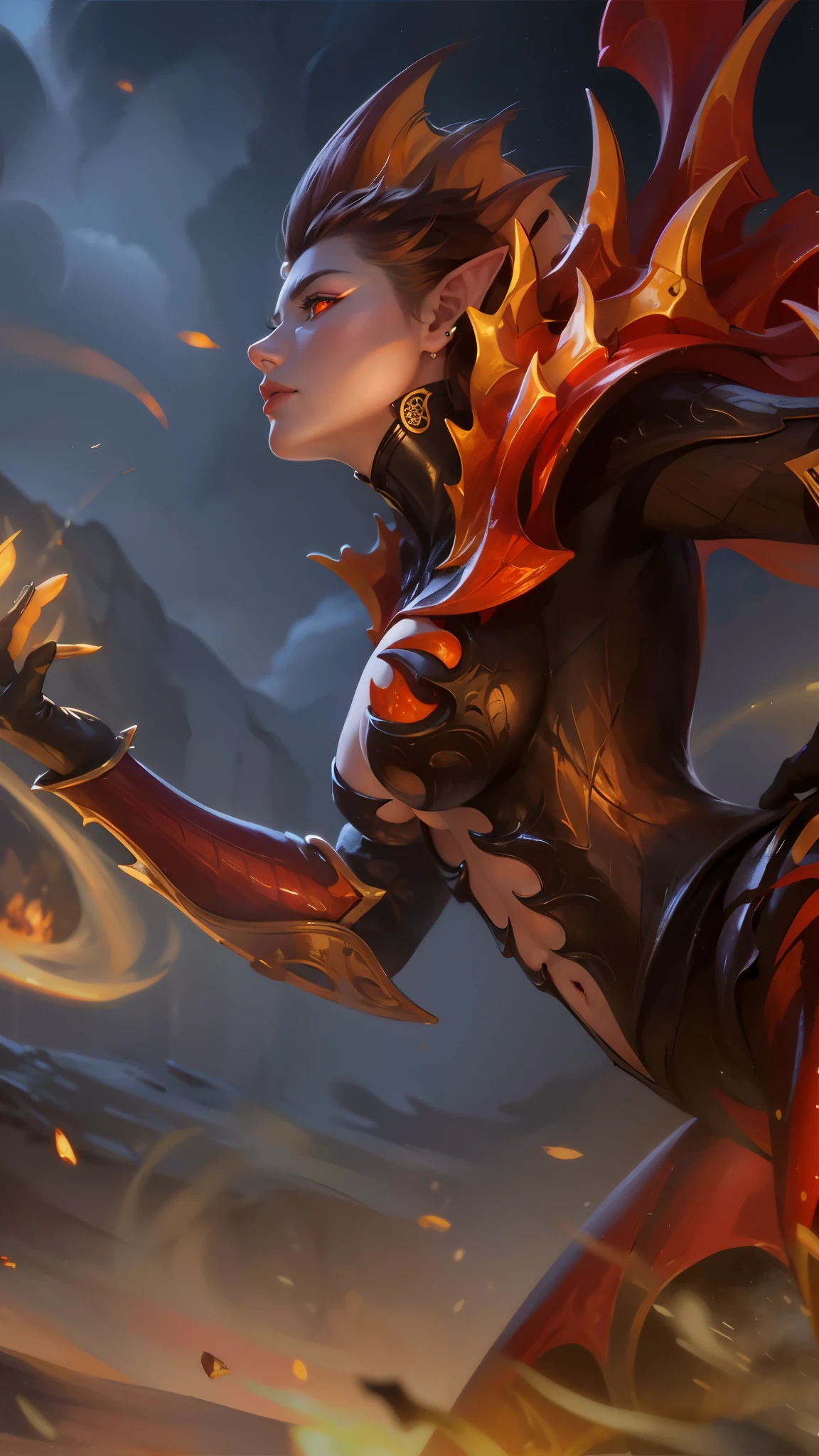 there is a woman with a sword in her hand, flames around body, artgerm detailed, flame conjuring armored, lava and fire goddess, concept art | artgerm, extremely detailed artgerm, by Yang J, fire mage, goddess of fire, appears as the fire goddess, fire goddess, style artgerm, character splash art, 8k, ultra hd, ultra detailed texture, hyper realistic, masterpiece, detailed texture, detailed face, detailed skin, detailed lighting, (photorealistic:1.5), best quality, beautiful lighting, cinematic lighting, professional lighting, ultra highres, realistic, detailed hair, real hair, high quality, (realskin:1.5), extremely detailed, finely detail, ultra-detailed, glare, red eyes, evil smile, elf ear
