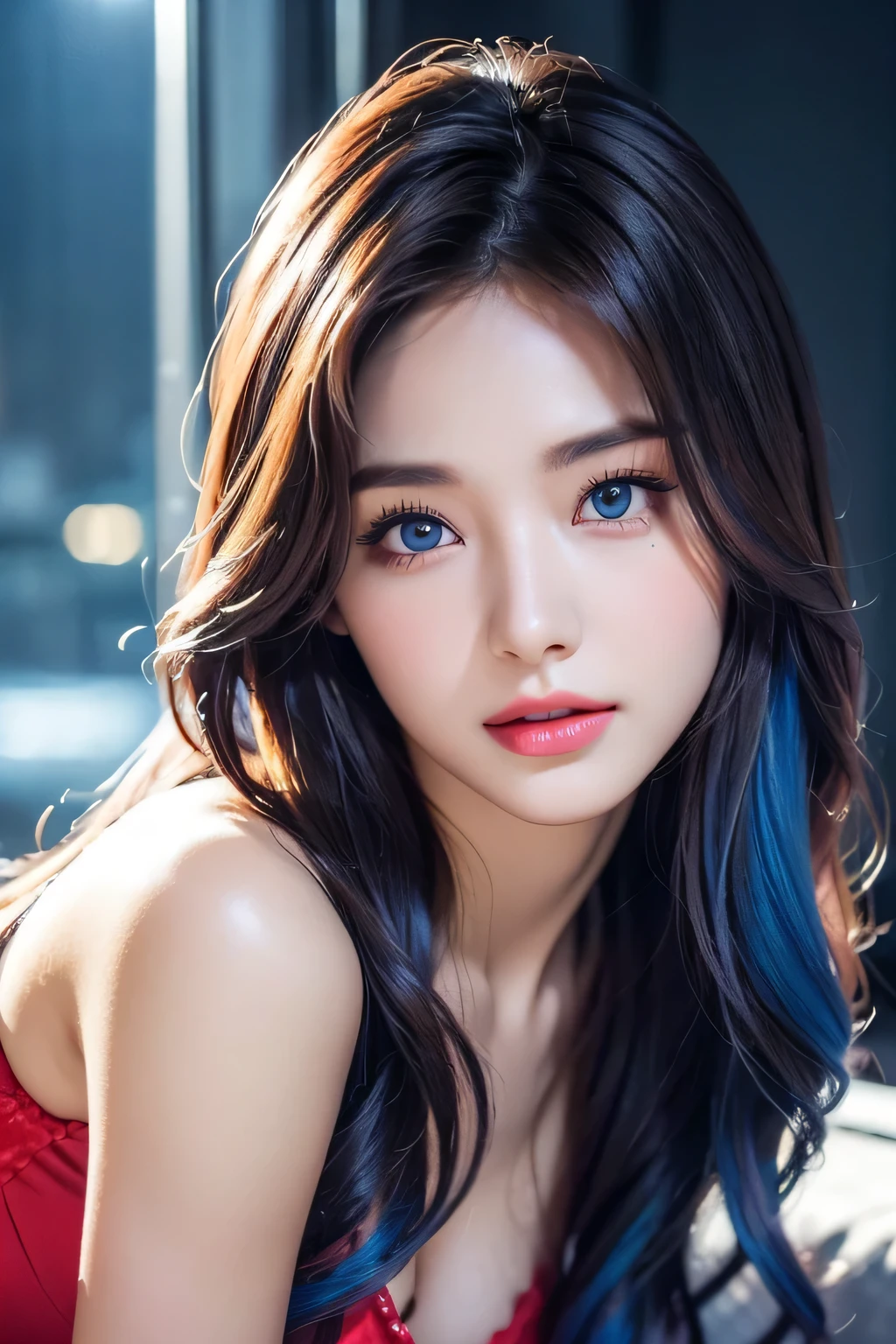 High-quality work,Realistic works,Super premium graphics,8K HD CG works,high quality graphics,High-definition and exquisite CG works,10x pixels,Ultra-fine details:1.1,Advanced technical details:1.1Realistic photo effects,Interior lighting effects:1.5,natural soft light:1.5. Light effect(Virtual light effects:1.8),ultra high resolution,shining dress,sliver long hair,silber hair,transparenthair,high detailed hair(Quality hair details:1.1)Clear eyes,Double eyelids look good,Sharp eye makeup, Create exquisite eyelash makeup, tthin eyebrows, Ultra-detailed eyes,a tall nose, lovely red lips, rosey cheeks, With delicate makeup on her face , pretty face, The face shape is perfectly proportioned,(Advanced facial details:1.1)Photo of an 18-year-old girl with oriental features、raw、Beautuful Women、(Extra long wavy brown hair)、((portlate))、((Detailed face:1.2))、((detailed facial features))、(Fine skin)、pale-skinned、High Detail Deep Click Body Comfort Matte Suit、megacity environment、(cold color)、moist、moist、Reflectors、(masterpiece)(perfectly proportions)(photos realistic)(top-quality)(detaileds)photographed in a Canon EOS R5、 50mm Lens, F/2.8, nffsw, (8K) (wall-paper) (movie lighting) (dramatic lighting) (sharp focus) (with an intricate) lo fashion、(camel's toe)、((Tokyo cityscape at night))、Thin and transparent underwear、((Hair with colored mesh:1.2))、(Colorful colored hair:1.3)、(Bright blue eyes)、((Very small sheer underwear))、Seductive open legs pose、neons,Women's artwork,Dress full body video,Realism,Amazing Cleavage,My eyes are very bright today