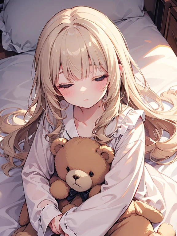 masterpiece, best quality, ultra-detailed, illustration, cute, Girl, Solo, from above, beige hair, long hair, wavy hair, blunt bangs, blouse, sleep, close eyes, wearing Pajamas, bed room, hag a stuffed teddy bear, lie down on the bed