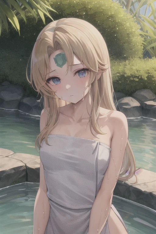 (masterpiece, best quality:1.2), absurdres, perfect anatomy, 1girl, altpriestess, bangs, blonde hair, blue eyes, blush, hair between eyes, long hair, looking at viewer, small breasts, barefoot, blush, leaf, leaf bikini, forest, lake, river, water, sweat, wet, nervous sweating, nervous smile, leaf skirt, (by pochi \\(pochi-goya\\):1.25), 
<lora:concept-plant_clothing:1> <lora:PriestGSV5:0.75>