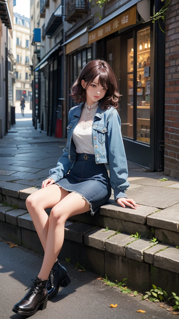 (Highly detailed CG unit 8k wallpaper, masterpiece, High resolution, highest quality, highest qualityのリアルテクスチャスキン), Woman sitting on a flower bed by the road:1.4, Short fade cut messy curly hair, detailed costume, A maxi-length lace-up layered tight skirt and a long-sleeved denim wide jacket:1.3, blurred background, An empty alley in Paris:1.3, cobblestone road, hyper realistic, digital painting, concept art,