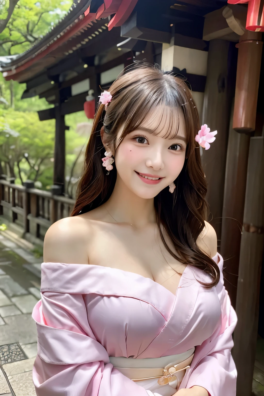 (highest quality),(4k),(In 8K),(High resolution),(best image quality),cute,、pink and yo kimono、off shoulder、laughter、Visiting a shrine、omikuji、Are standing、sexy pose、close the chest、one hand、beautiful hair ornament on cheek,big and full breasts,It&#39;s just