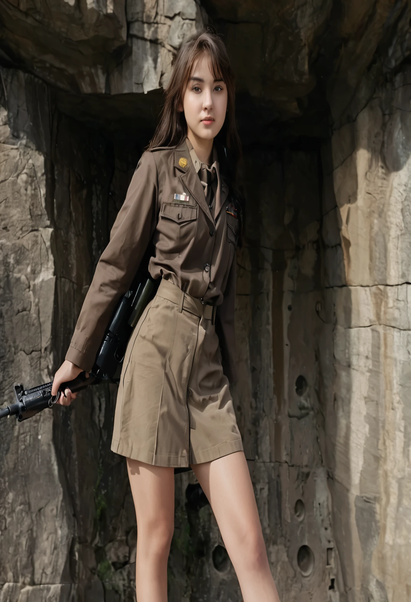 A 20-year-old girl standing on the edge of a cliff in a sexy, military uniform with a machine gun in hand