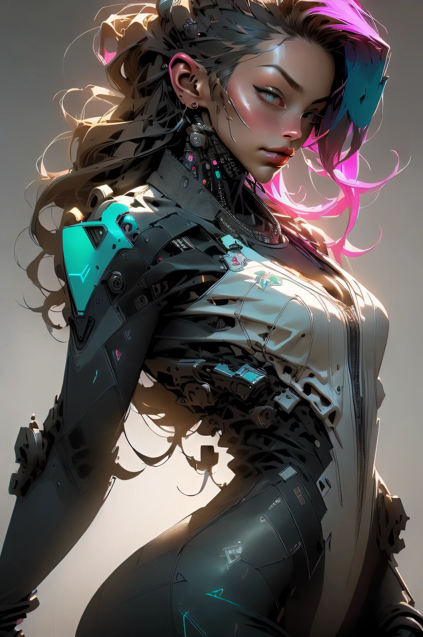((Long shot: 1.4, dynamic pose: 1.4)), (( 1 young woman alone:1.5)), (( beautiful, sensual and self-confident: 1.5)), (( brown eyes light and bright, cyberpunk hair:1.5)), ((ultra detailed:1.5)), sensual smile, beautiful full and shiny lips, with tattoo on arm and cheek, handsome hairstyle:1.2, cyberpunk, handsome cyberpunk, dreamer, (( beautiful and detailed hair, soft and shiny:1.3)), dark atmosphere, cyberpunk clothing, ultra-realistic 8k, cyberpunk 20 years. a model child, the portrait, highly detailed 32k digital art, beautiful digital artwork, Cyborg Cyberpunk. ((colors, cyan, greens, pink, brown: 1.2)), 8k realistic digital art, soft neon lighting on the face and body, ((highly detailed: 1.4), ((masterpiece)), (hyper detailed and beautiful: 1.3), (Photorealistic: 1.4)