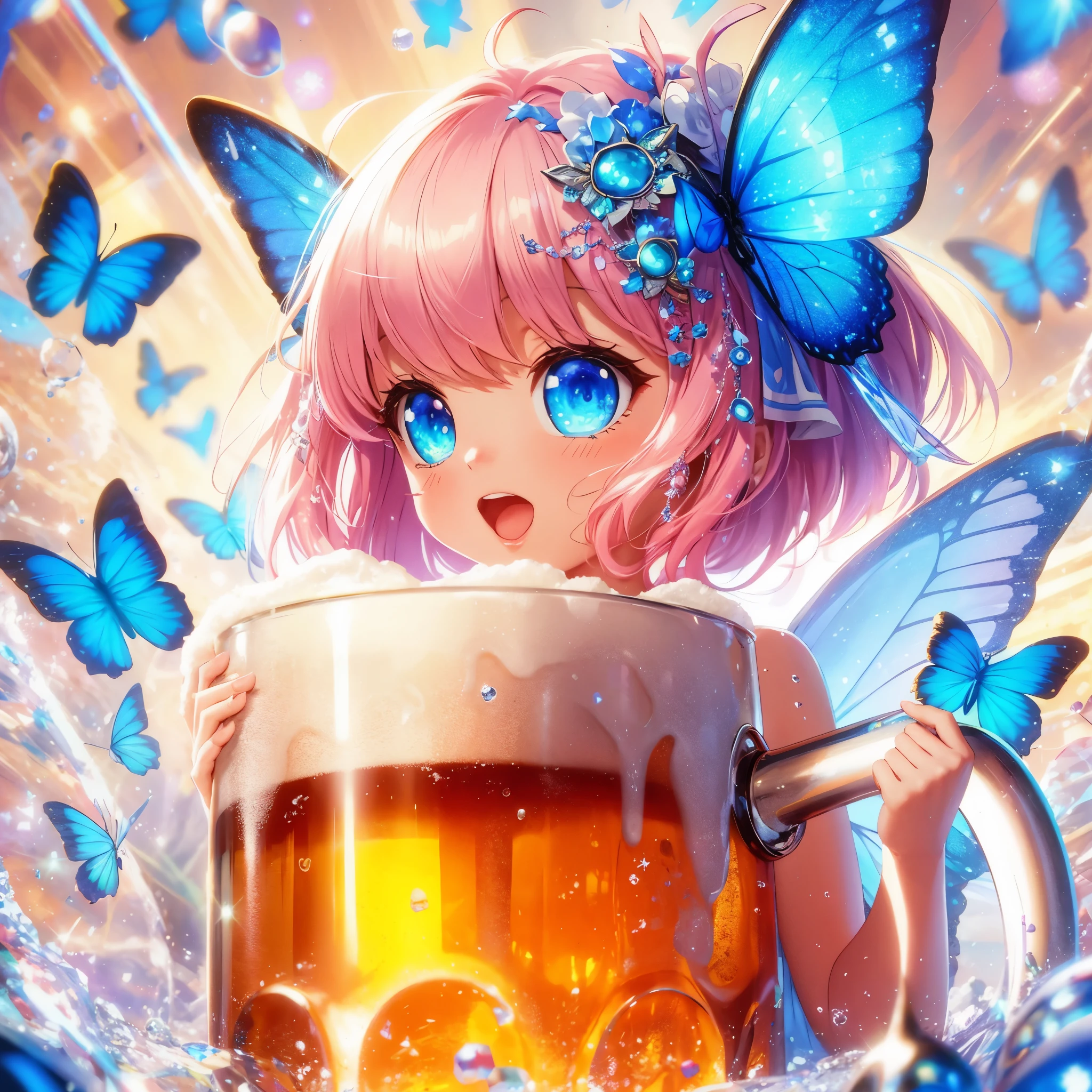 In a vivid dynamic anime scene by focusing on abundant shiny reflection A little fairy in a gigant Beer . A fairy girl with pink bobbed hair and reflection blue eyes. Fairy in a big Beer .(beer mug) . her crystal clear costume accented with an even greater array of punk and whimsical elements, now heavily adorned with blue butterfly accessories . The background of abstract glow chaos is enriched with