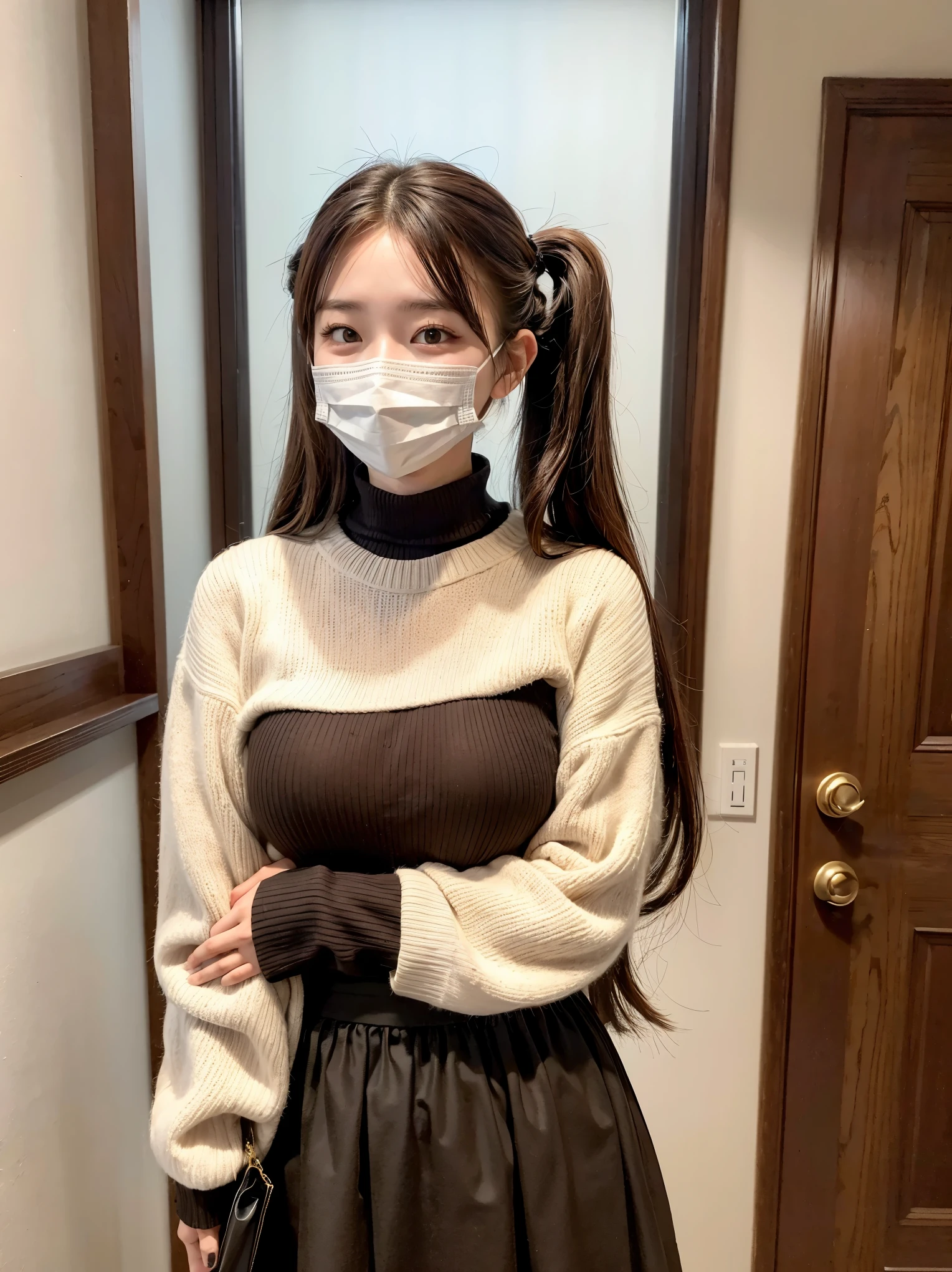 Best quality: 1.4, high resolution, perfect lighting, 1 girl, 20 years old, long hair, brown hair, mask, long skirt, knit, huge breasts, twintails