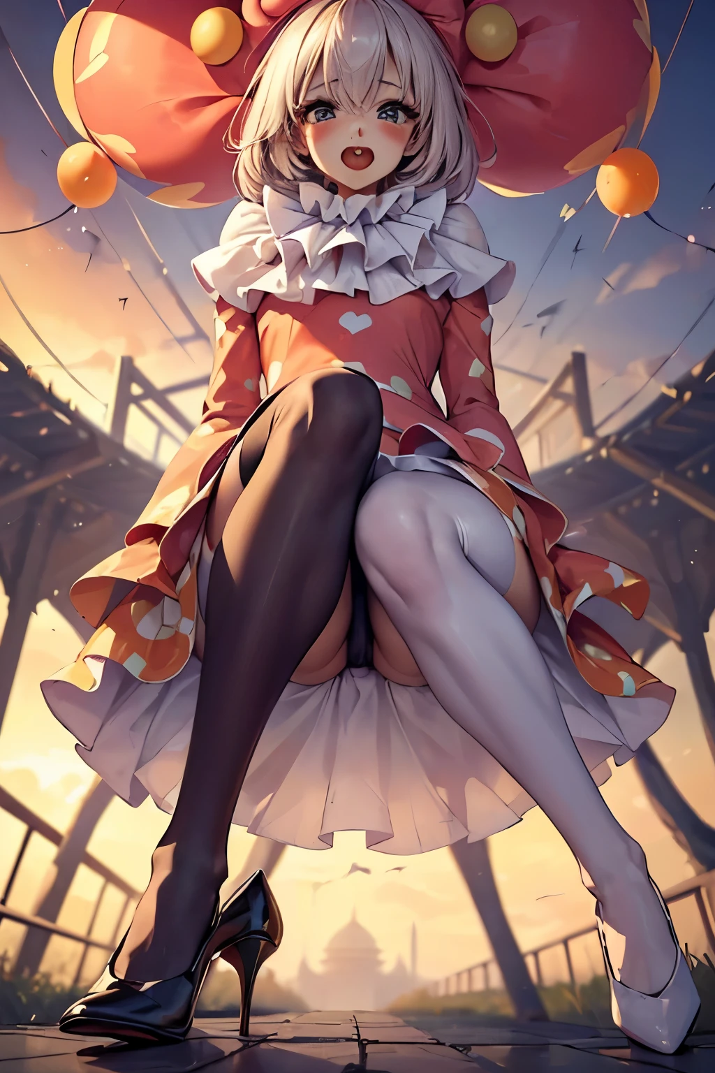 ((Biologically correct number of limbs))、4K、masterpiece、((focus on the face))、((Symmetrical facial features))、Eyes with detailed description、Beautiful woman、outstanding style、beautiful arms、beautiful legs、beautiful hands、(small ass、thin thighs)、Detailed depiction of faces、(high heels、stockings)、close up of face、The background is the park in the morning、((Clown costume))、