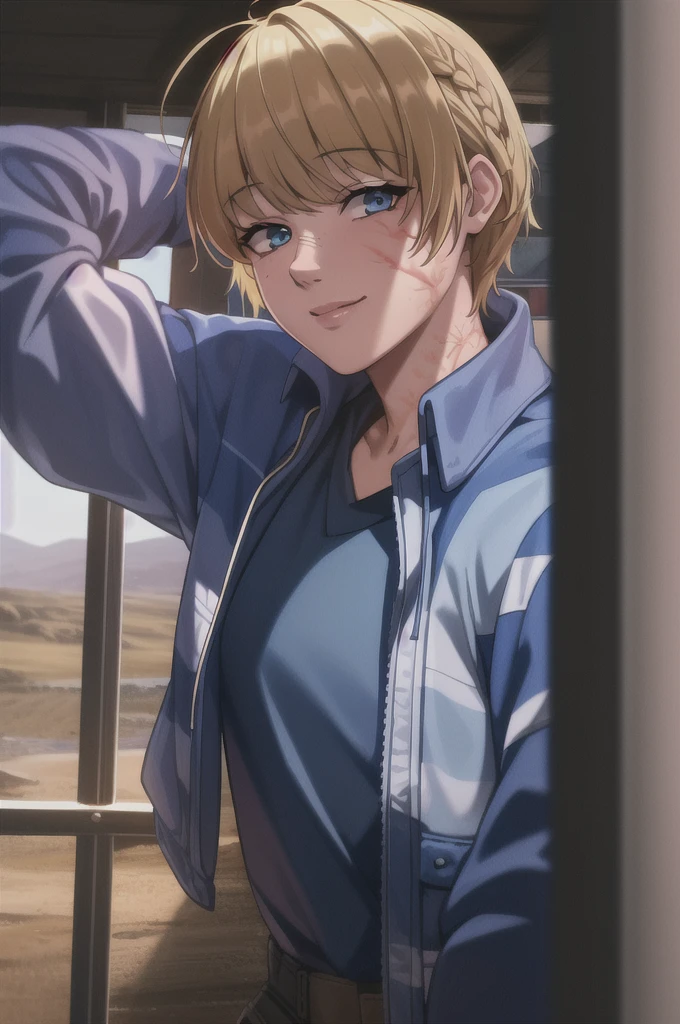 wattson (apex legends), masterpiece, best quality, 1girl, solo, scar, scar on face, scar on cheek, bangs, blonde hair, blue eyes, burn scar, smile, cowboy shot,