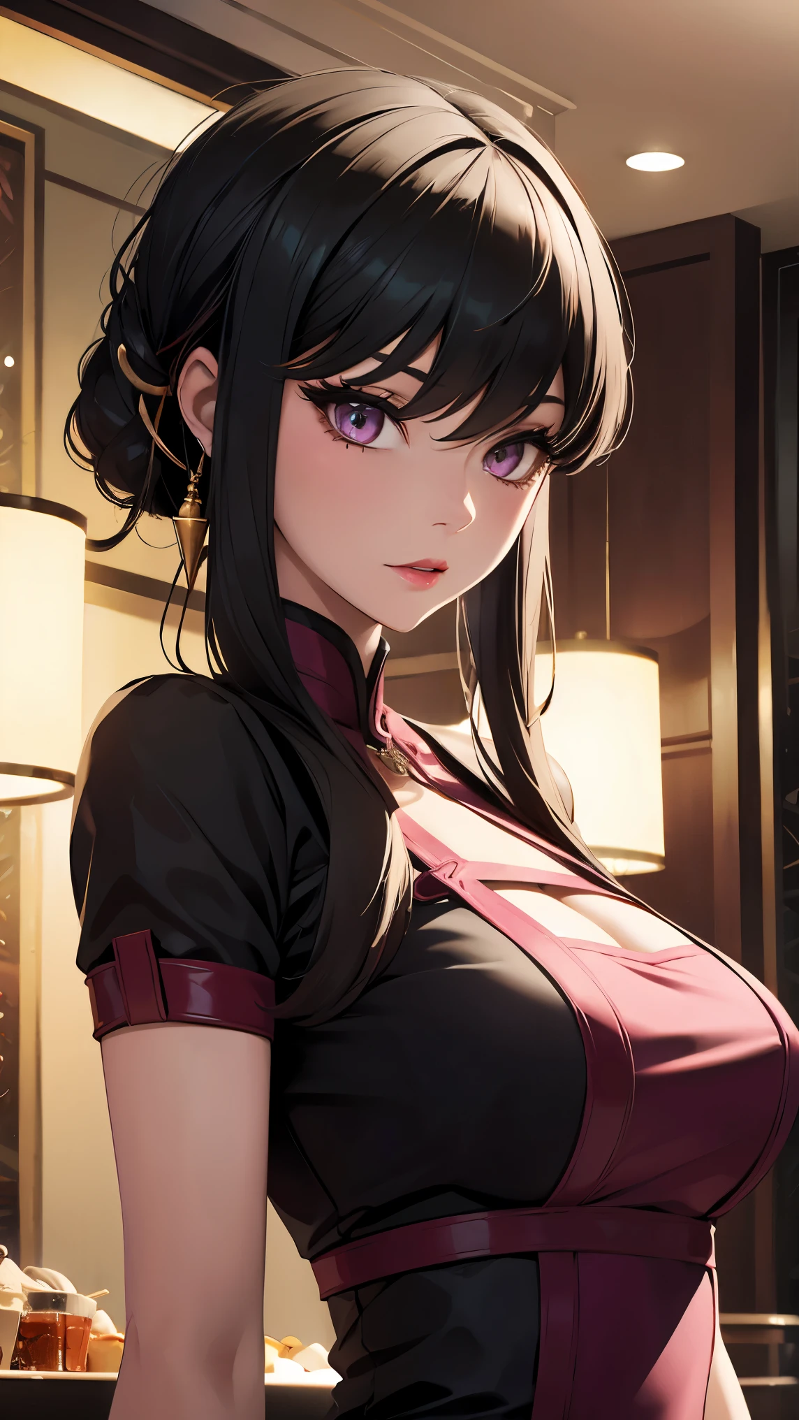 Girl1,(eye shadow,eyelashes,Shiny lipstick),(purple Qipao Dress),(Stand in a luxury hotel),Highly detailed ,8K wallpapers،Highest quality, high resolution, beautiful lighting, realistic shadow, high resolution،(highly detailed, detailed faces and eyes, realistic eyes),(upper body,Looking at the viewer,cowboy shot) 