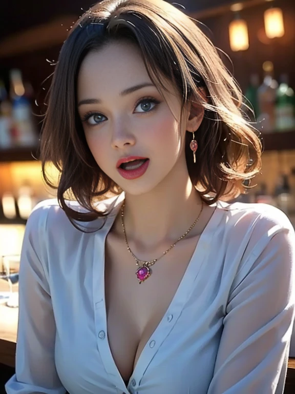 (best quality, 8k, highres, photorealistic:2.0), (solo, one girl:2.0),(pin up girl:1.5),(photo taken using flash:1.9),(brighten the subject:1.8),(Photographed at an upscale bar:2.0),(Chubby body girl:1.5),(shiny skin:1.5),(oily skin:1.5),(blonde woman:1.8),(long hair:1.5),(ultimate beautiful girl),(cool beauty girl:1.5),(fat body girl),(plump woman:1.5),(Kind hearted woman),(very kind lady),(caring woman),(attentive woman),(very elegant woman:1.3),Blush brown makeup , dark eye makeup ,pink lipstick,(big beady eyes girl:1.3),(droopy-eyes woman:1.3),(blue eyes girl:1.3),(intense sex appeal:1.5),(expensive necklace:1.5),(prostitute girl),(amazing orgasm ecstasy:1.7),(She makes a sexy bold pose),(carnal women:1.5),chuuChloe,(she is very skilled in sex),(she has a very happy expression on her face:1.5),(Brightly light the subject's face),(very tight shirt),(sheer shirt:1.5),(very soft breasts),(Nipples erect inside clothes:1.15),(spilling breasts)