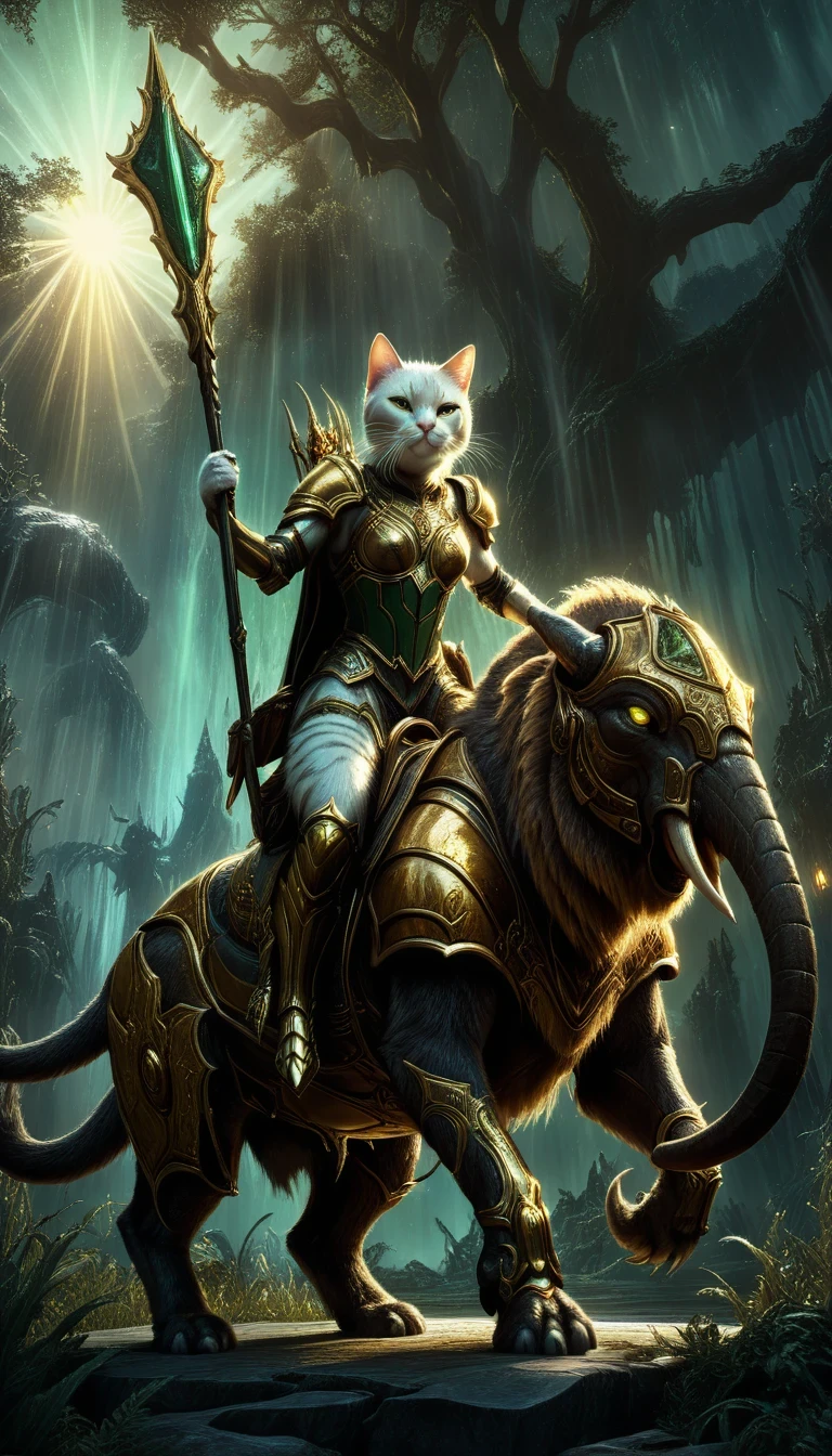 Wearing heavy gilded armor《Cat Knight riding next to a mammoth》，Eyes are deep gold or emerald green，Like a cat&#39;s eye at night，Twinkle with light，for the audience，mythical creatures，Scarlet Twilight，concept art，wide angle，Full composition，dynamic lighting，Movie，4K，lifelike，octane rendering，