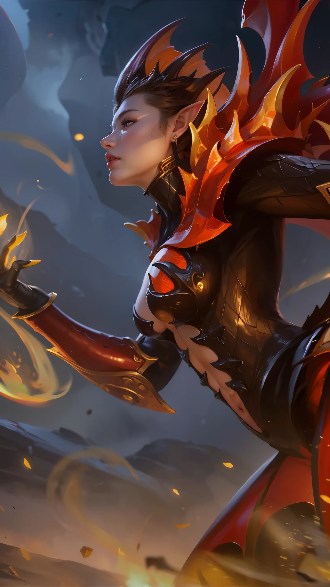 there is a woman with a sword in her hand, flames around body, artgerm detailed, flame conjuring armored, lava and fire goddess, concept art | artgerm, extremely detailed artgerm, by Yang J, fire mage, goddess of fire, appears as the fire goddess, fire goddess, style artgerm, character splash art, 8k, ultra hd, ultra detailed texture, hyper realistic, masterpiece, detailed texture, detailed face, detailed skin, detailed lighting, (photorealistic:1.5), best quality, beautiful lighting, cinematic lighting, professional lighting, ultra highres, realistic, detailed hair, real hair, high quality, (realskin:1.5), extremely detailed, finely detail, ultra-detailed, glare, red eyes, evil smile, elf ear