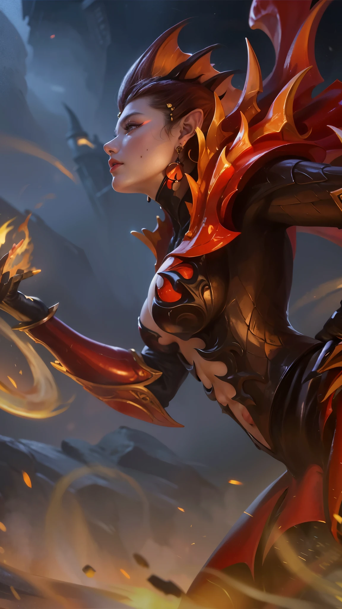 there is a woman with a sword in her hand, flames around body, artgerm detailed, flame conjuring armored, lava and fire goddess, concept art | artgerm, extremely detailed artgerm, by Yang J, fire mage, goddess of fire, appears as the fire goddess, fire goddess, style artgerm, character splash art, 8k, ultra hd, ultra detailed texture, hyper realistic, masterpiece, detailed texture, detailed face, detailed skin, detailed lighting, (photorealistic:1.5), best quality, beautiful lighting, cinematic lighting, professional lighting, ultra highres, realistic, detailed hair, real hair, high quality, (realskin:1.5), extremely detailed, finely detail, ultra-detailed, glare, red eyes, evil smile, elf ear