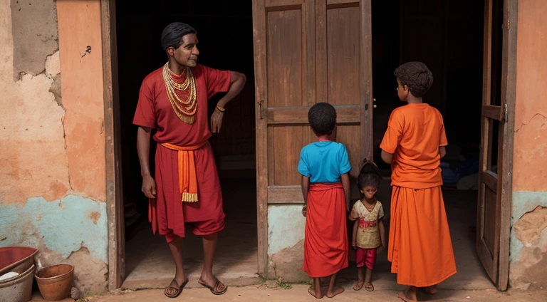 A boy in Indian clothes, roupas cor vermelha, cor de Pele preta, ****** negro, mele is talking to his old parents, he is in the village with the old people, roupa africano vermelha, ****** africano