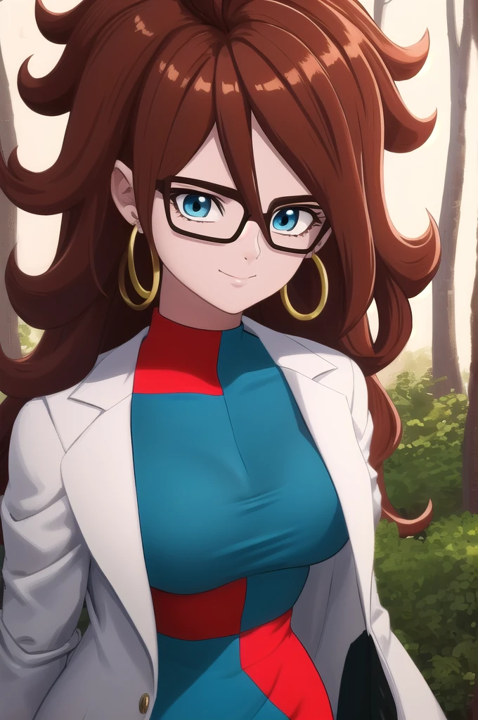 android21, 1girl, solo, blue eyes, brown hair, long hair, curly hair, hair between eyes, jewelry, hoop earrings, glasses,
checkered dress, two-tone dress, multicolored dress, tight dress, turtleneck, black pantyhose, labcoat, long sleeves,
smile,closed mouth,cowboy shot,
forest,outdoor,
(insanely detailed, beautiful detailed face, masterpiece, best quality) cinematic lighting,