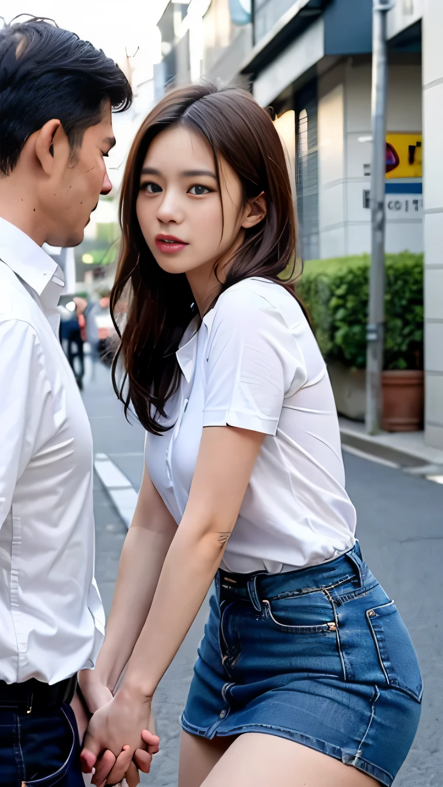 (high quality), (realistic pictures)、1 male、1 female、No spectators、((A young Japanese couple faces each other and fights:1.4))、((Angry Japanese woman and a Japanese man trying to talk to her:1.4)) 、((white short sleevesTWoman in a shirt:1.4))、((WhiteTMen in shirts:1.4))、on the road、daytime、((A woman glares at a man:1.7))、((A woman wearing a denim skirt that accentuates her thighs:1.4))、((white short sleevesTWoman in a shirt:1.4))、