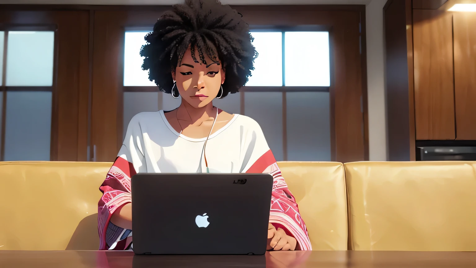 crie uma mulher afro americana sentada numa mesa ussando seu notbook e fone intra oricular