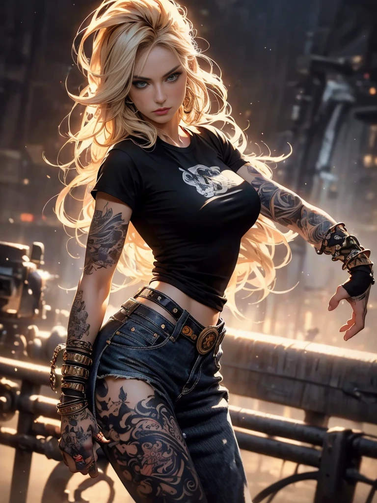 masterpiece, Cowboy shot, (1woman), (golden hairs), (Black tshirt:1.2), (beautiful blue seductive eyes), (tribal tattoo on hands), White, Orange and Blue colors, Foggy background, Graceful pose, (looking at viewer), (front view), (from sky), (bokeh:1.2)