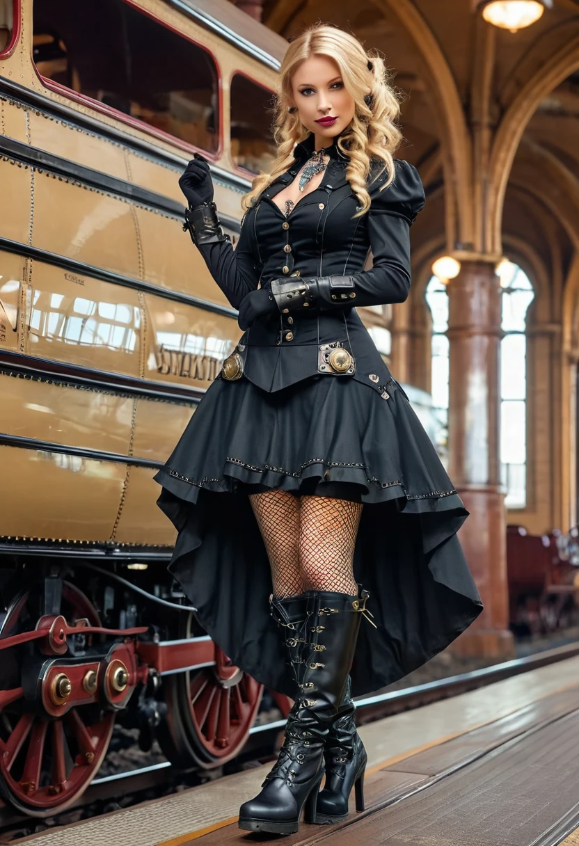 Masterpiece Best Quality, ultra high resolution, 4K detaillierte CG, strahlende Augen, blondes Haar, Steampunk, with black splitoff Meshdress wearing Boots, fishnet, steampunk train, stempunk trainstation