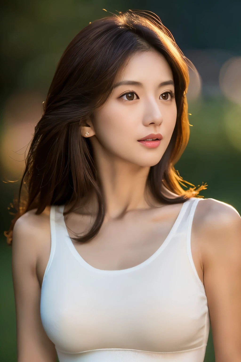 Skinny Japanese woman, 30 years old, ((Realistic lighting, Best quality, 8K, Masterpiece: 1.3)), Clear focus: 1.2, 1girl, Perfect beauty: 1.4, Slim abs: 1.1, ((Dark brown hair)), (White crop top: 1.4), (Outdoor, Night: 1.1), Park view, Super fine face, Fine eyes, Double eyelids,