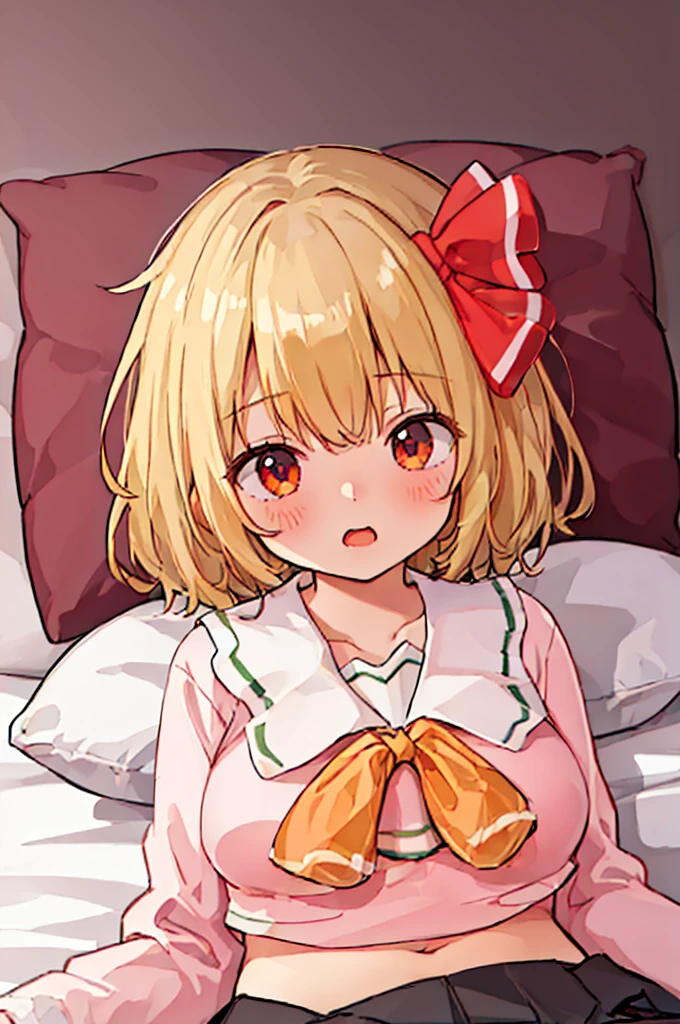 (((pnkserafuku))), best quality,ultra detail, 1girl, chibi, rumia_touhou, ((shiny hair)),((shiny glossy hair)), floating air blonde_hair, ribbon, short_hair, hair_ribbon, vest, open_mouth, red_ribbon,facing viewer, (((spread legs onbed))),(((vaginal,sex))),(((cum in pussy))),(((from above))), (((lying on bed))),(((white bed sheet))),(((lie on the pillow))),(((perfect anatomy))),(masterpiece:1.0),(Highest_quality:1.0),detailed,highly detailed,ultra detailed,extremely detailed CG,super high resolution,4k,super detailed, photograph,high resolution,8K,HDR,Highly detailed CG Unity 8k wallpaper,super detailed skin,detailed beautiful eyes,detailed beautiful face,detailed beautiful face and eyes,very detailed background,perfect,lighting,colorful, bright_front_face_lighting,shiny skin,(highly detailed background),looking at the viewer,(Focus on her face), solo, upper body, looking at viewer, upper angle, (blond), perfect quality, good quality, masterpiece, HDR, UHD missionary position,masterpiece,best quality,detailed,highly detailed,ultra detailed,extremely detailed CG,high resolution,8K,super detailed skin, ((detailed beautiful eyes)),detailed beautiful face,detailed beautiful face and eyes,very detailed background,highly detailed background,(front view),((super big breasts)),looking at viewer,The girl&#39;s breasts aren&#39;t exposed at all., You can clearly see that she has very large breasts.,((kawaii)),((orgasm face)),