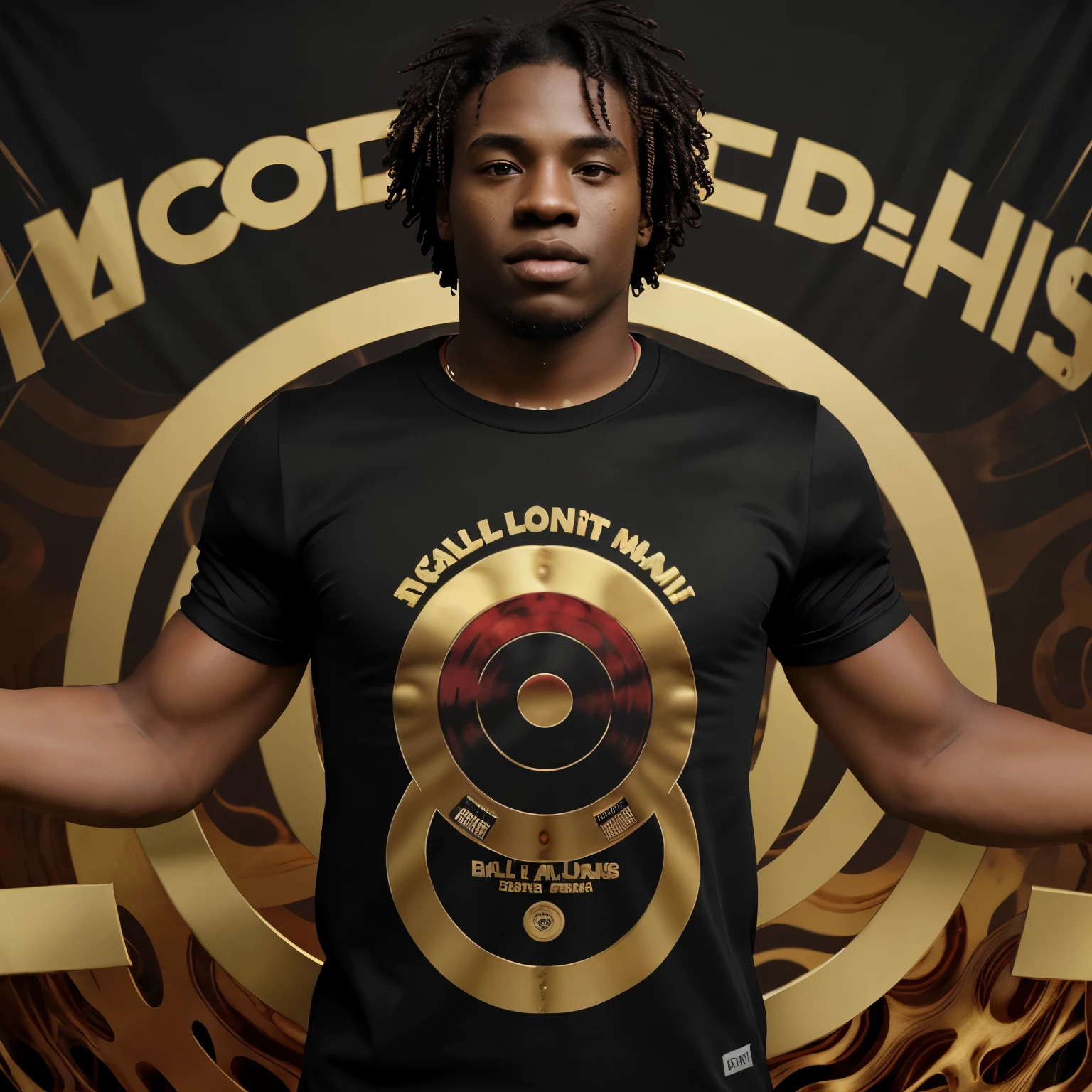 Black men&#39;s football t-shirt with gold circles and red waves 