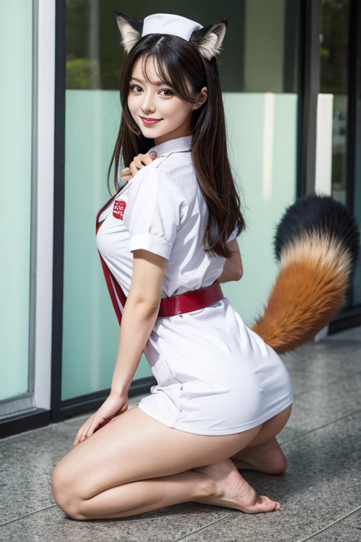 ((highest quality)), ((masterpiece)), (get used to it), perfect face, fox woman, Beautiful woman, public, A tail is growing, she has a fluffy tail, she has a fox tail, she wags her tail, smile, collar and leash, get down on all fours, she is wearing a nurse uniform, beautiful hips, big tail