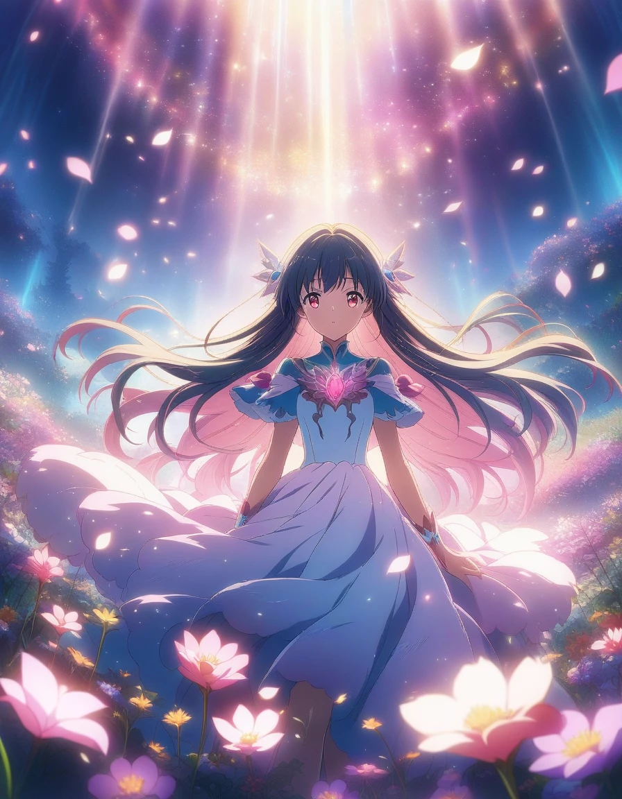 1girl, Magical Girl in a Surreal Landscape, vibrant anime and fantasy art styles inspired by CLAMP and P.A. Works, Digital illustration, the magical girl (hovers above a field of flowers, her flowing dress and long hair illuminated by a soft glow as sparkling petals swirl around her), shot on a high resolution digital camera with a 35mm lens from a three-quarter front view, rendered in crisp detail with atmospheric lighting effects . (masterpiece), (best quality), (ultra-detailed), very aesthetic, illustration, disheveled hair, perfect composition, moist skin, intricate details, anime artwork, anime style, visual, vibrant, studio anime, highly detailed, aesthetic