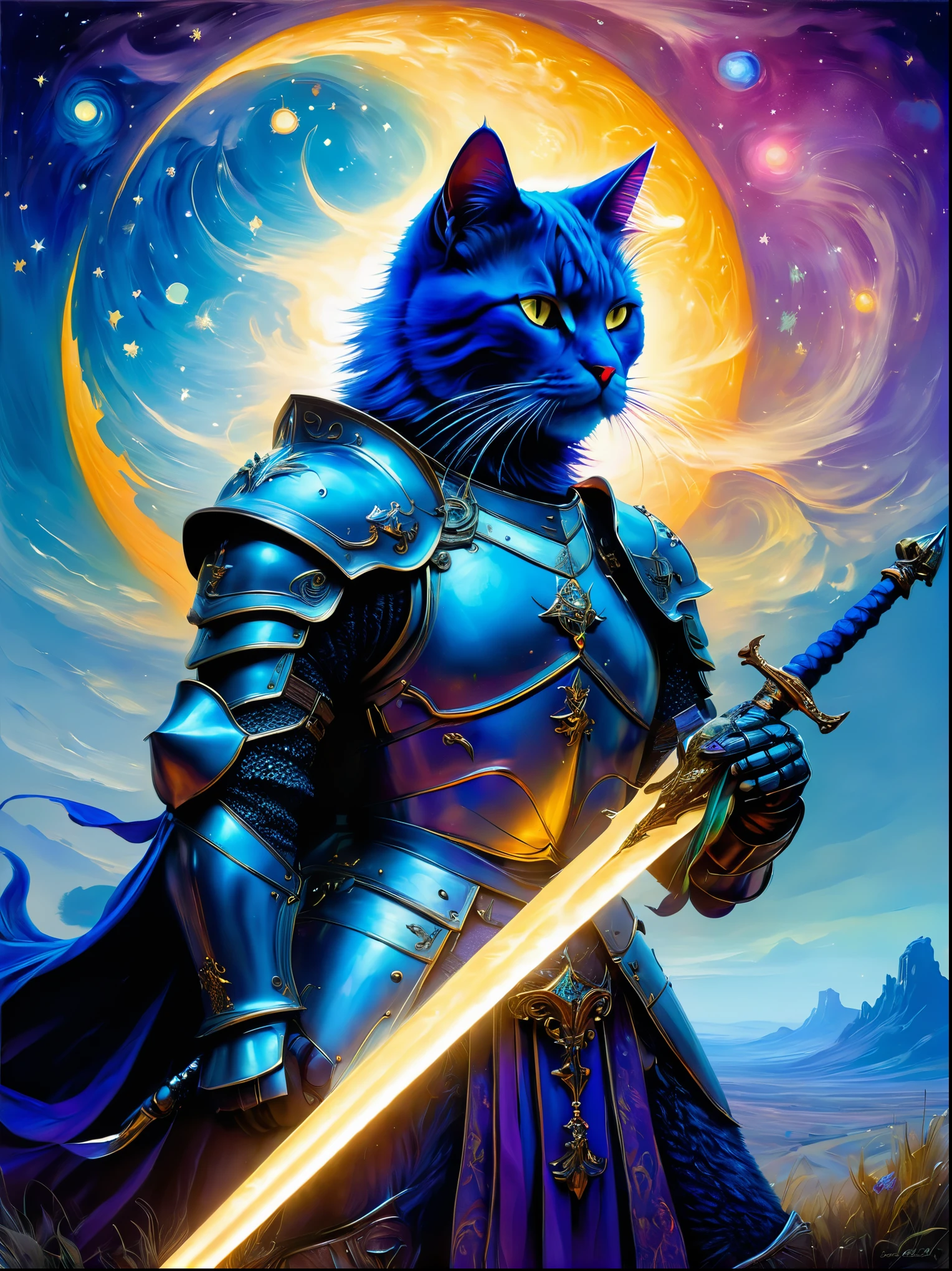 Gustave Moreau (Gustave Moreau),Thomas Kincaid (Thomas Kinkade),james gurney (James Gurney) HDR landscape photos taken,Kahn Griffith,Frank Frazetta,van gogh,Alberto Cervezu oil painting,masterpiece,Realistic,Deep color,blue tint,Surrealism, Star光环, In the bright embrace of the moonlight serenade,(1 stray cat knight),Wearing richly decorated cavalry uniform,(The cat knight holds a sword in his hand),Deep purple accents capture the whispers of the night,Riding on his trust (White steed:1.2),A horse gallops quietly on the whispering plain,Compared,Tone,texture, detailed, Star, Colorful halo, Vibrant energy, expressive, dramatic, organic lines and forms, dreamy and mysterious, Surrealism,portrait shooting,complex,meticulous,sharp,clear,Better image quality,Rough brushstrokes,high dynamic range,vivid,Rich in details,阴影和高光clear,reality,vehement,Compared度增强,Rich in details