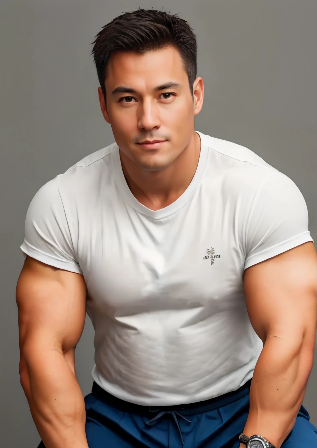 1 person,46 years old muscular man,Wear a short-sleeved white shirt,tie,wearing sportshoes,Full body female love,soft light,masterpiece,best quality,8K Ultra HD,digital SLR camera,film grain,Fujifilm XT3 Realistic Painting Art,Written by Midjourney and Greg Rutkowski,Part your hair in the middle