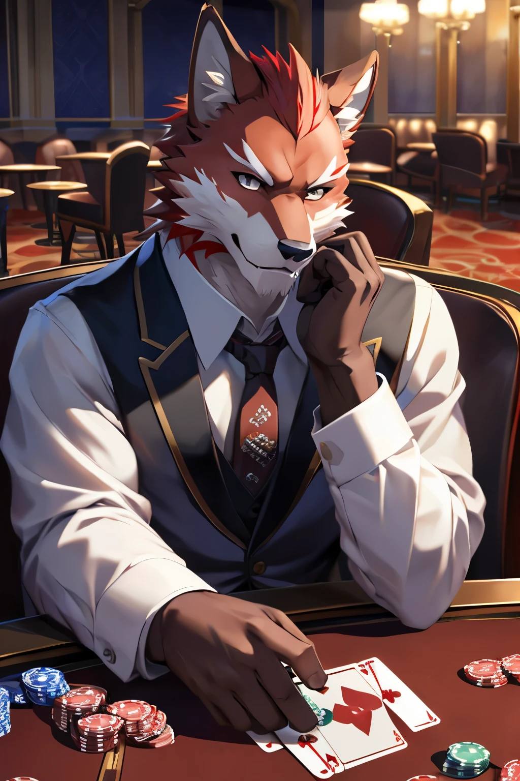 posted on e621 (by Chunie), furry, male, anthro, solo, (Realistic eye details:1.2), (beautiful detailed eyes), anime character there is a diederich olsen (/knights college/) male, casino, Black suit, Red tie, win the game, Playing Poker Texas hold'em, Five-card draw, Omaha hold'em), the place is busy with people around the casino, perfect anatomy, realistic anatomy, full body like, slim body, good looking, anime style, 8k, 4k anime wallpaper, anime art wallpaper 8 k, 2 d art, 2d art, anime art wallpaper 4k, detail art