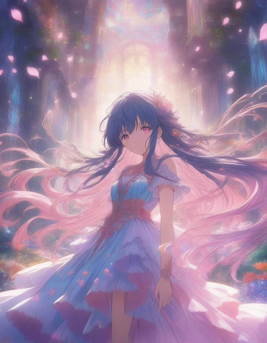 1girl, Magical Girl in a Surreal Landscape, vibrant anime and fantasy art styles inspired by CLAMP and P.A. Works, Digital illustration, the magical girl (hovers above a field of flowers, her flowing dress and long hair illuminated by a soft glow as sparkling petals swirl around her), shot on a high resolution digital camera with a 35mm lens from a three-quarter front view, rendered in crisp detail with atmospheric lighting effects . (masterpiece), (best quality), (ultra-detailed), very aesthetic, illustration, disheveled hair, perfect composition, moist skin, intricate details, anime artwork, anime style, visual, vibrant, studio anime, highly detailed, aesthetic