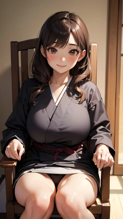 (8K、 highest quality、 masterpiece、 realistic、 Super detailed:1.3)、(Photoreal:1.2)、(good)、(panties)、((beautiful japanese woman))、one woman、light brown hair、big breasts、smart body、shy smile、highly detailed face、detailed eye、(sitting in a chair)