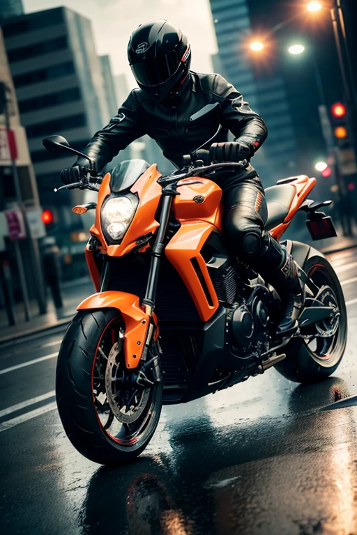 8K, UHD, (view of motorbike:1.1) sleek, sporty motorbike with big metal exhaust, girl riding motorbike, short pants, wide low angle view, intense close-up, wet city streets, cinematic, volumetric lighting