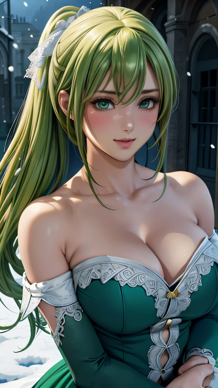 green eyes, (highest quality, masterpiece painting:1.3), immature woman, , (half body shot), masterpiece, ultra high resolution, (Photoreal:1.0), green hair, pigtails, straight hair, beautiful shining hair, white and shining skin, ((Ultra realistic details)), octane rendering, highly detailed face, (big breasts:0.8), She wears stunning costumes inspired by Belle Époque style, flowing gold dress decorated with lace and ribbons, (clothing: gold belle époque dress with lace and ribbons),cleavage, perfect body, soft skin, anime face, perfect face, perfect eyes, looking at the viewer, smart, snow scene, ((snow falling)), ((fantastic night)), ((outdoors)), sharp focus, intricate details, professional artwork, (bright colors:1.1), bright colors, diffused lighting, digital blending, ultra-definition body, ultra detail hair, super detailed face, that'It's trending on pixiv, top button open, Cute gaze, compensate, perfect lips, perfect compensate, Ultra-precision coating, (light_smile:0.8), (Very embarrassed:1.2), blush your nose,