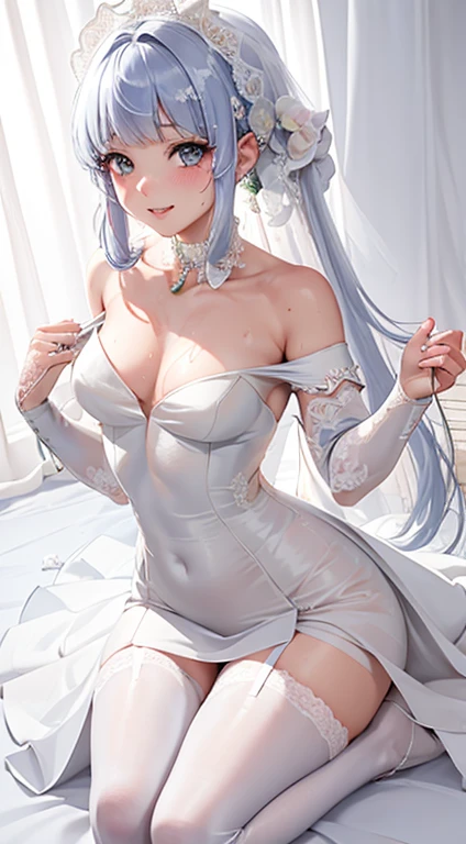Character Details:, - gender: 1 girl. -style: anime, - Body Type: attractive body, Because I&#39;m slender, beautiful feet, slim tights, niceな腕, niceな肩. - chest: ((small breasts:1,5)), cleavage. - Facial features: beautiful, nice, teenager, Fresh, young. - Performance: shy, smile, Keratinous, A pink blush appears on the face, sexy eyes, sexy look, (sweating:1.4), innocent look, tipsy. - Hairstyle: dull bangs, long hair. - Hair color: light blue hair. - Clothing: ((full wedding dress:1.6)), (off shoulder:1.6), (stockings:1.4). - Body poses: (kneel down). - Action: waiting, I want something, in secret. -accessory: earrings., Environment details:, - setting: bedroom., - Lighting: Natural light., - Decoration: Modern bed, machine, Chair, window, ((white curtains:1.6)), City view. top view. throw, animeスタイル, UHD, retina, masterpiece, Accurate, anatomically correct, textured.