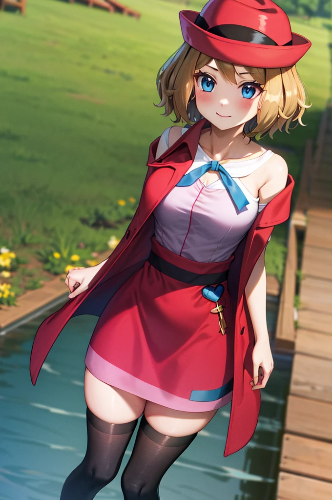 masterpiece, best quality, highres, serena \(pokemon\), short hair, blue eyes, 1girl, solo, blue ribbon, eyelashes, black thighs, neck ribbon, sleeveless, bangs, collarbone, bare arms, pink dress, red coat, pink hat, outdoor, standing by a lake, blushing, smile, long stockings, black stockings, mid-thigh stockings, medium-sized female breasts,  Neckline, detailed background, background of great details.