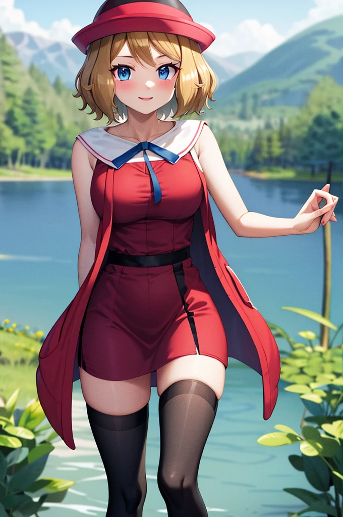 masterpiece, best quality, highres, serena \(pokemon\), short hair, blue eyes, 1girl, solo, blue ribbon, eyelashes, black thighs, neck ribbon, sleeveless, bangs, collarbone, bare arms, pink dress, red coat, pink hat, outdoor, standing by a lake, blushing, smile, long stockings, black stockings, mid-thigh stockings, medium-sized female breasts,  Neckline, detailed background, background of great details.