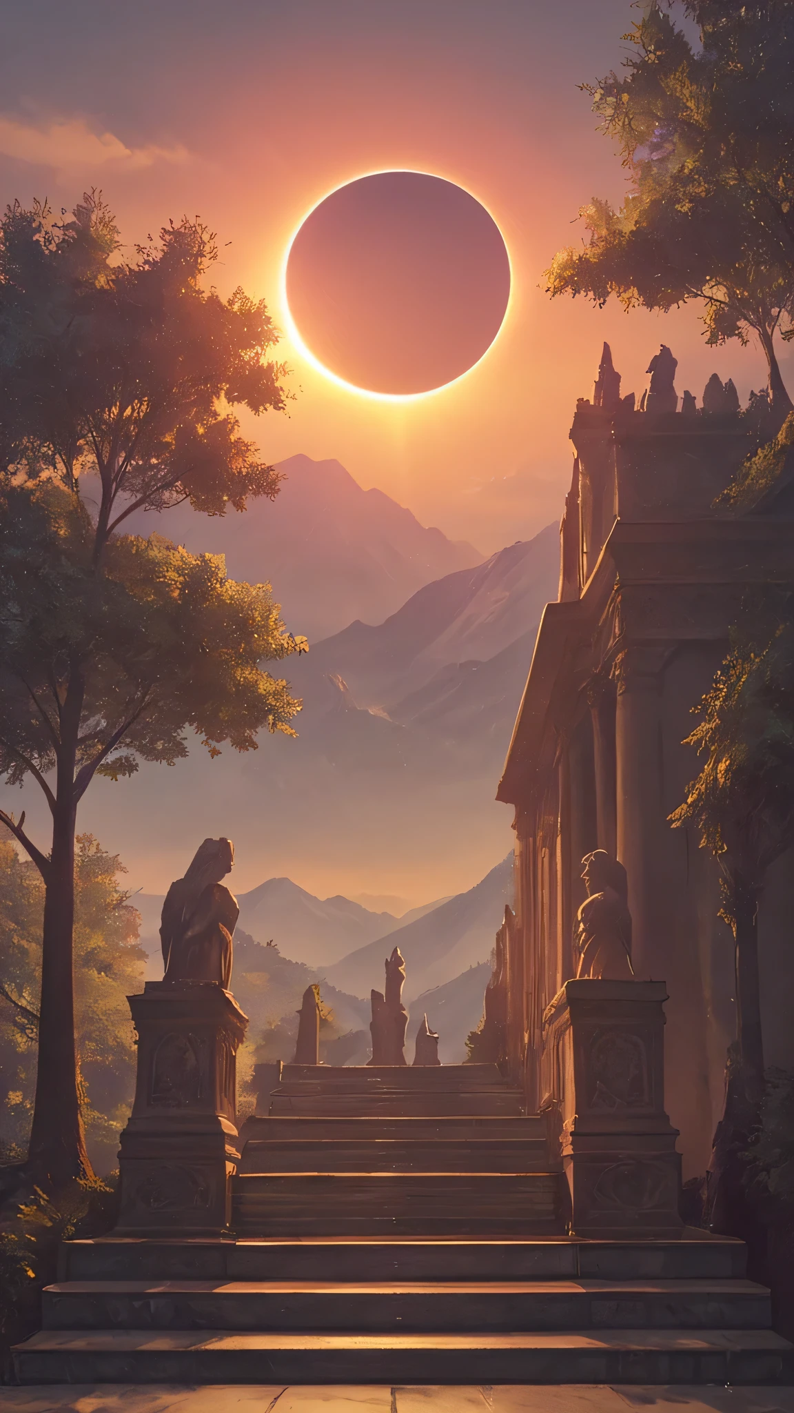 score_9, score_8_up, score_7_up,eclipse,standing,outdoors,sky,tree,god rays,moon,scenery,sunset,stairs,mountain,sun,statue,digital art,
 