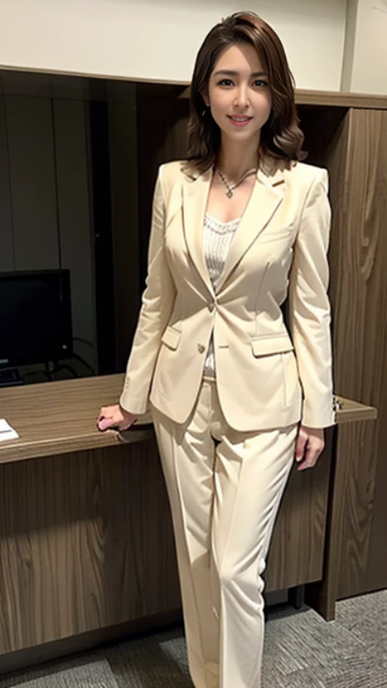 ((highest quality、8K、masterpiece:1.3)), whole body, long legs, sharp focus:1.2, beautiful woman with perfect figure:1.4, thin abs:1.1, The background is an office lined with desks.., ((shortcut、big breasts:1.2)), (wearing a woman's business suit, wearing business slacks, ((はち切れんばかりの魅惑的なbig breasts1.8)), big soft ass, slim and toned waist, Laughs while speaking to the audience:1.2), Highly detailed face and skin texture, fine eyes, double eyelid, Female, 49 years old, mature woman, smiling face