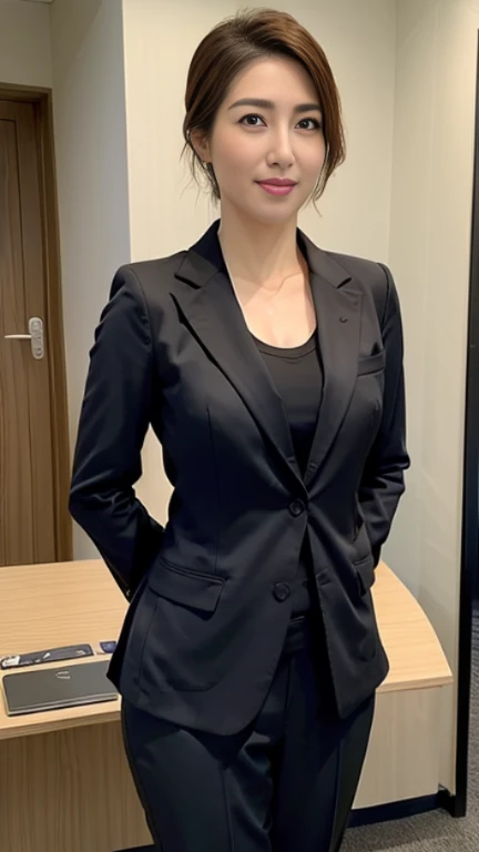 ((highest quality、8K、masterpiece:1.3)), whole body, long legs, sharp focus:1.2, beautiful woman with perfect figure:1.4, thin abs:1.1, The background is an office lined with desks.., ((shortcut、big breasts:1.2)), (wearing a woman's business suit, wearing business slacks, ((はち切れんばかりの魅惑的なbig breasts1.8)), big soft ass, slim and toned waist, Laughs while speaking to the audience:1.2), Highly detailed face and skin texture, fine eyes, double eyelid, Female, 49 years old, mature woman, smiling face