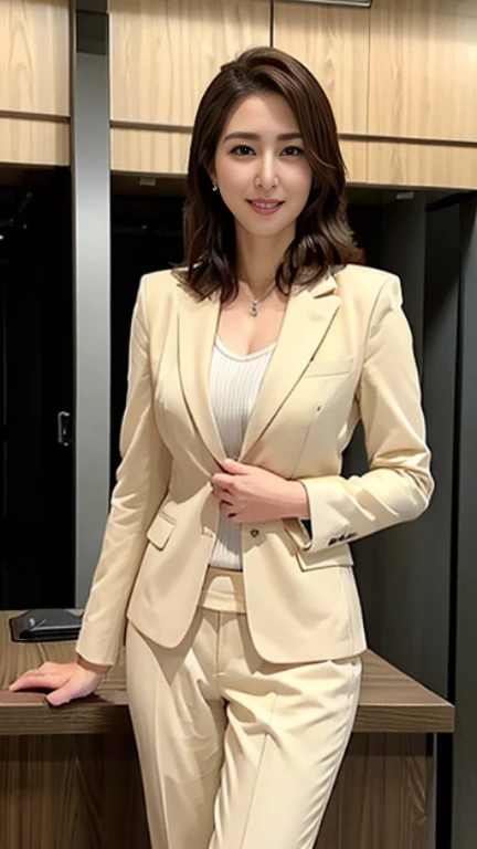 ((highest quality、8K、masterpiece:1.3)), whole body, long legs, sharp focus:1.2, beautiful woman with perfect figure:1.4, thin abs:1.1, The background is an office lined with desks.., ((shortcut、big breasts:1.2)), (wearing a woman's business suit, wearing business slacks, ((はち切れんばかりの魅惑的なbig breasts1.8)), big soft ass, slim and toned waist, Laughs while speaking to the audience:1.2), Highly detailed face and skin texture, fine eyes, double eyelid, Female, 49 years old, mature woman, smiling face